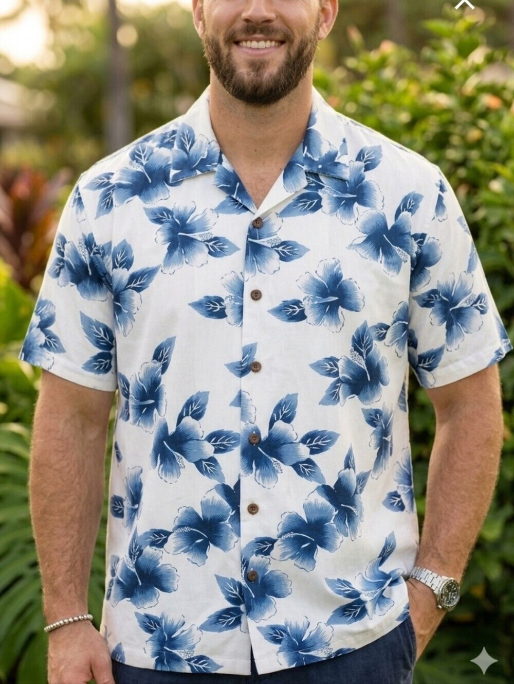 Vintage Hawaiian Moves Men's White Surf Shirt With Blue Hibiscus Flowers XL